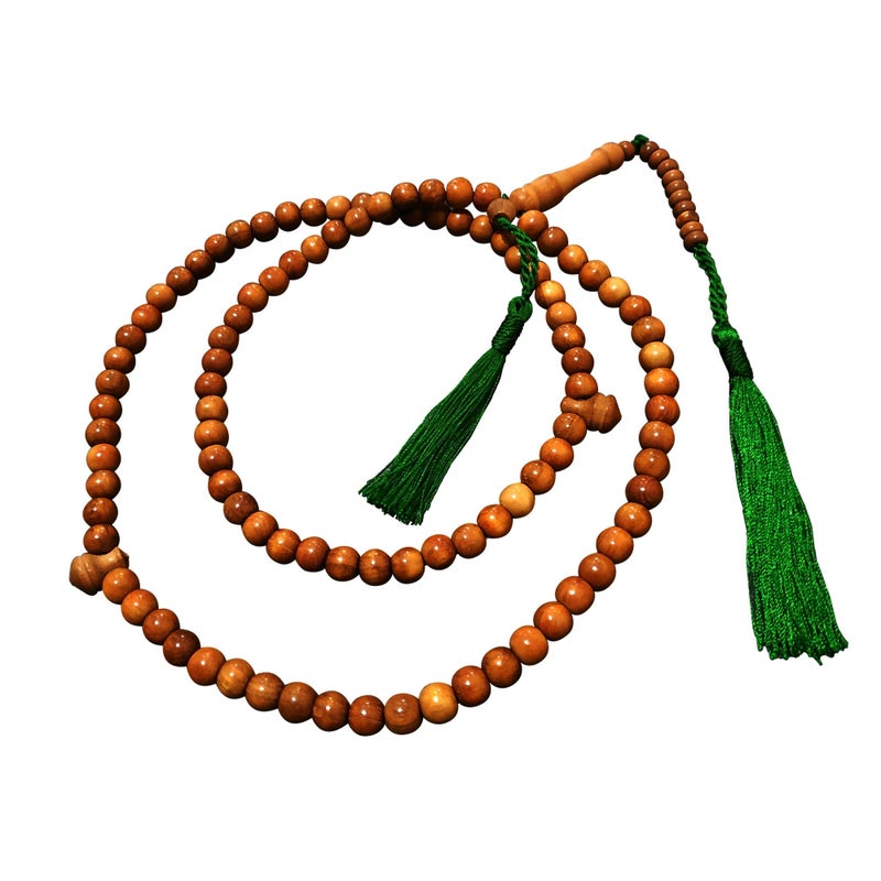 TheTasbih مسبحة طبيعية بنية 8 مم من خشب الحمضيات مع خيوط خضراء - Image 1